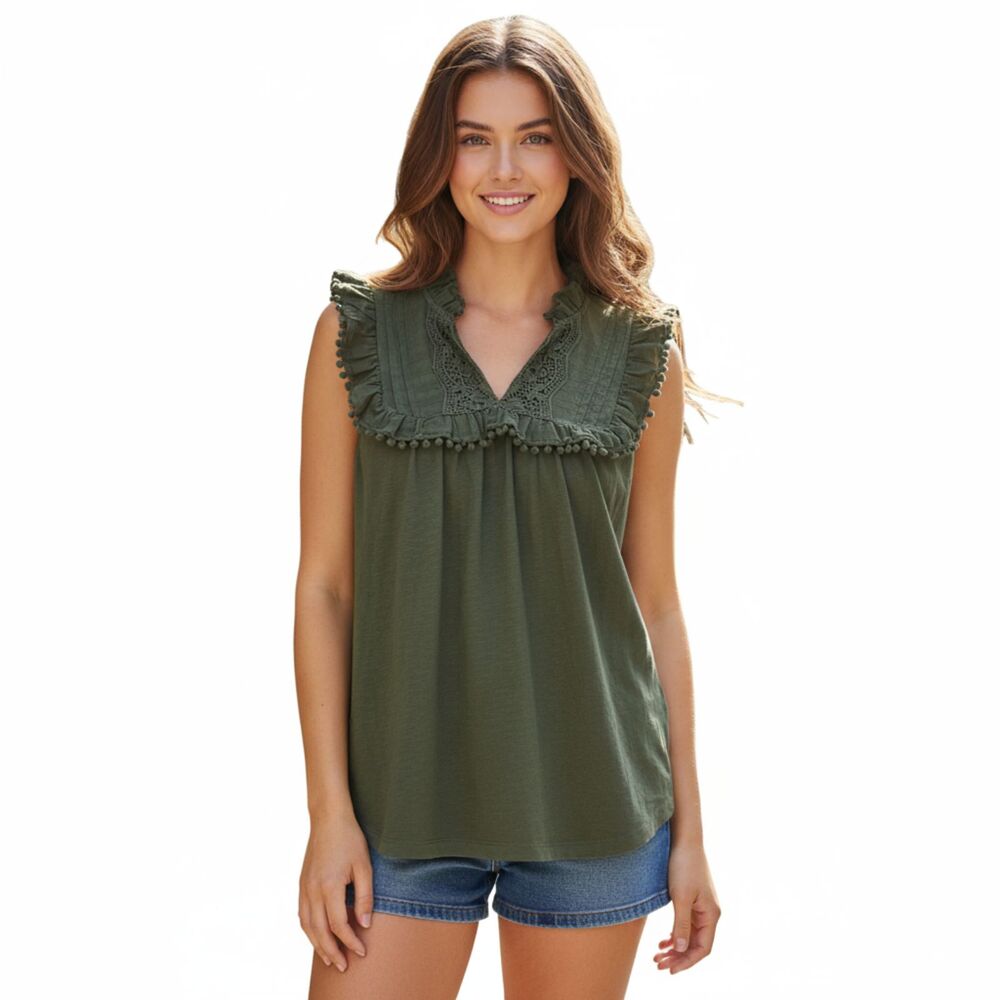 LOFT Green Ruffled Bib Collar Blouse Small 100% Cotton